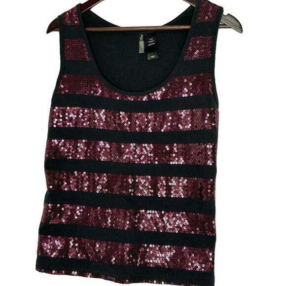 Bisou Bisou Plum Sequin Tank Black Stripes XL Glam Holiday Top Dressy Y2K Bling - Picture 1 of 3